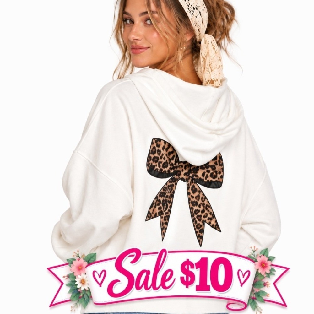 Avanova Small Cream Leopard Bow Hoodie Pullover Coquette Casual